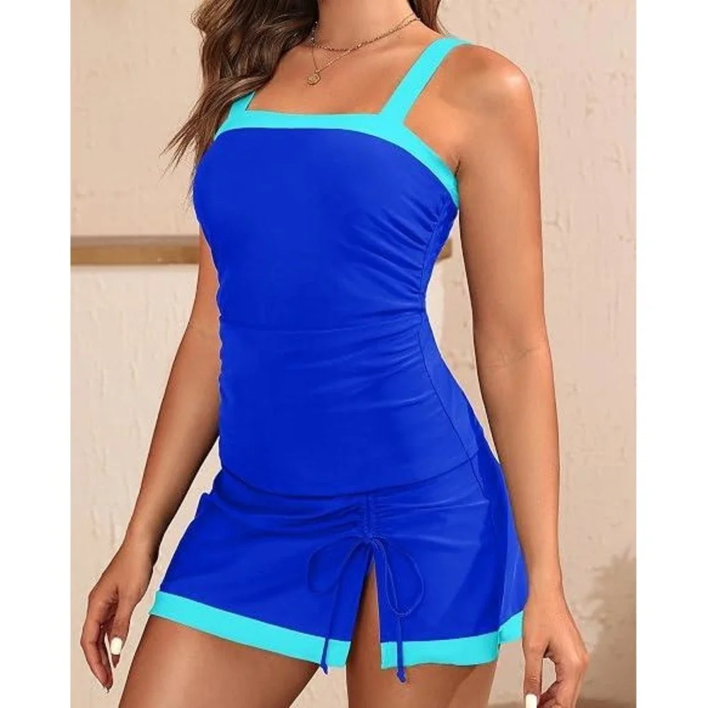 Tempt Me Womens Blue Tankini Swimsuit with Tummy Control Swim Skirt Size S